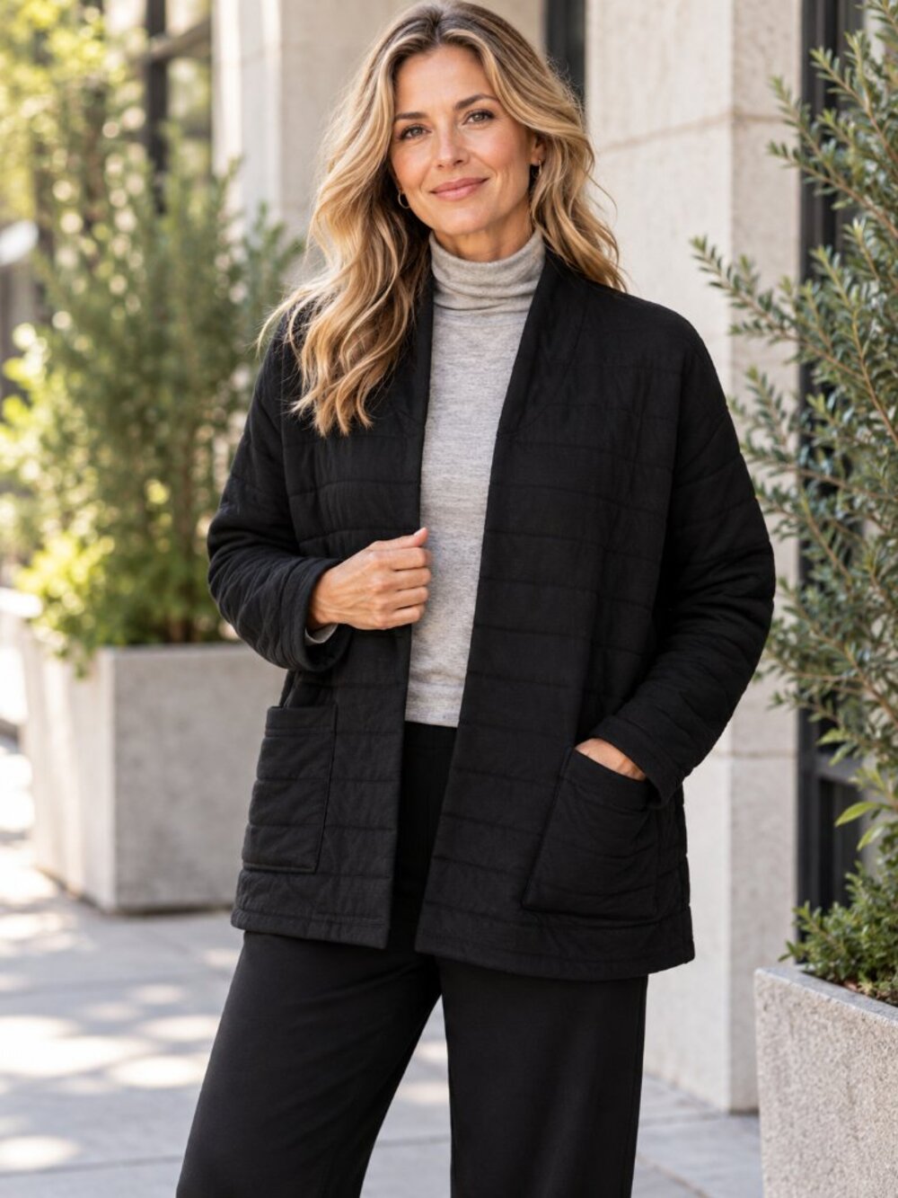 Eileen Fisher Black Quilted Open Jacket Cardigan Sz S Minimalist Sustainable